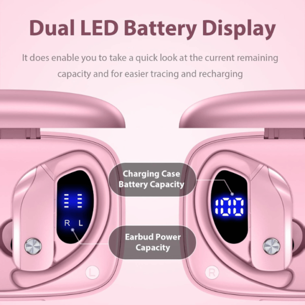 bmanl Wireless Earbuds Bluetooth Headphones 48hrs Play Back Sport Earphones with LED Display Over-Ear Buds with Earhooks Built-in Mic Headset for Workout Pink - Image 3