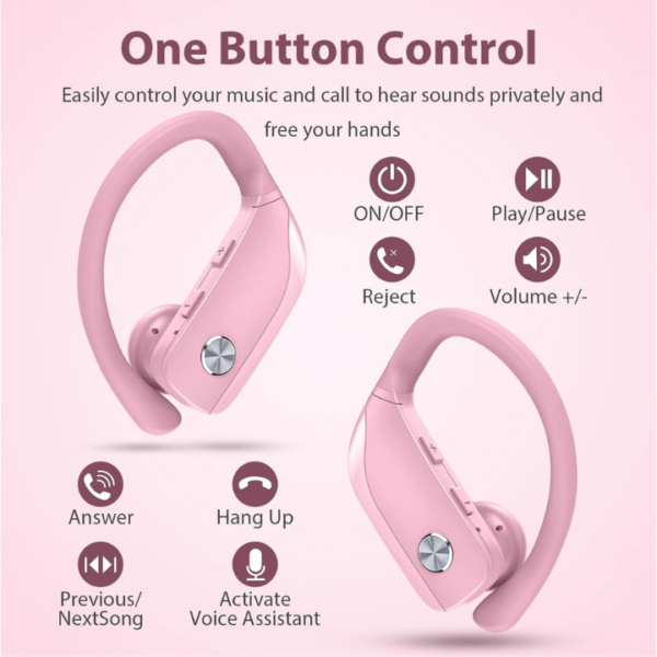 bmanl Wireless Earbuds Bluetooth Headphones 48hrs Play Back Sport Earphones with LED Display Over-Ear Buds with Earhooks Built-in Mic Headset for Workout Pink - Image 5