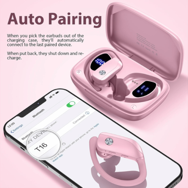 bmanl Wireless Earbuds Bluetooth Headphones 48hrs Play Back Sport Earphones with LED Display Over-Ear Buds with Earhooks Built-in Mic Headset for Workout Pink - Image 6