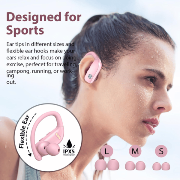bmanl Wireless Earbuds Bluetooth Headphones 48hrs Play Back Sport Earphones with LED Display Over-Ear Buds with Earhooks Built-in Mic Headset for Workout Pink - Image 7