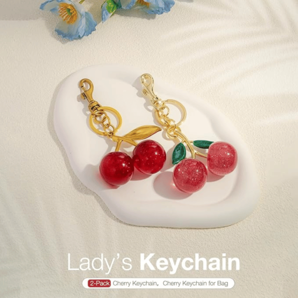 EasYoung 2-Pack Cherry Bag Keychain, Glitter Cherry Charm with Key Ring and Clip, Sparkling Resin & Metal Accessory for Purses or Bags - Image 3